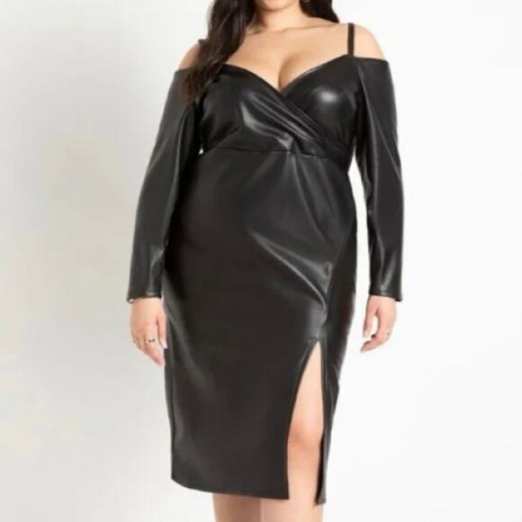 Eloquii faux leather off cold shoulder bodycon midi dress long sleeve midi 18 - Picture 10 of 12
